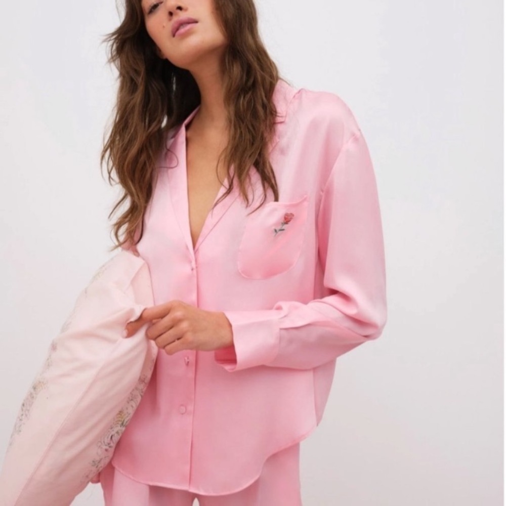 NEW For Love & Lemons pink satin every day pajama top shirt 26368